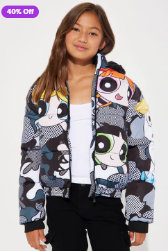 Mini Powerpuff Girls Camo Puffer Jacket - Black