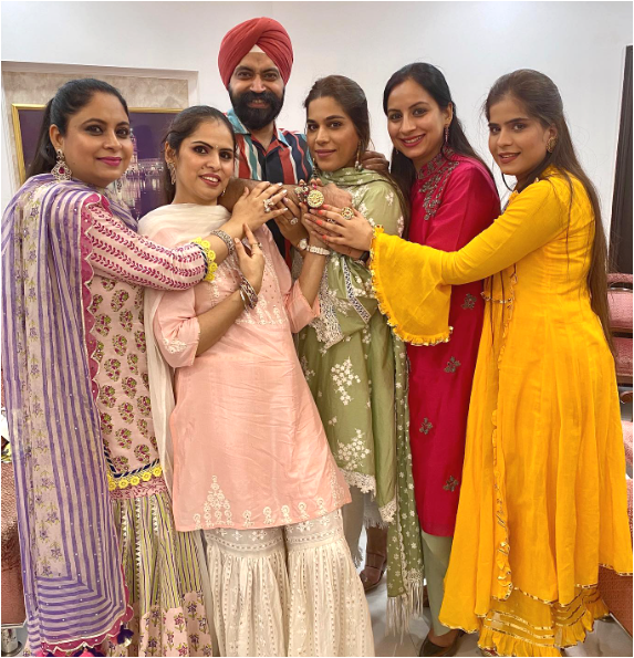Ramneek and friends dressed in traditional attire.