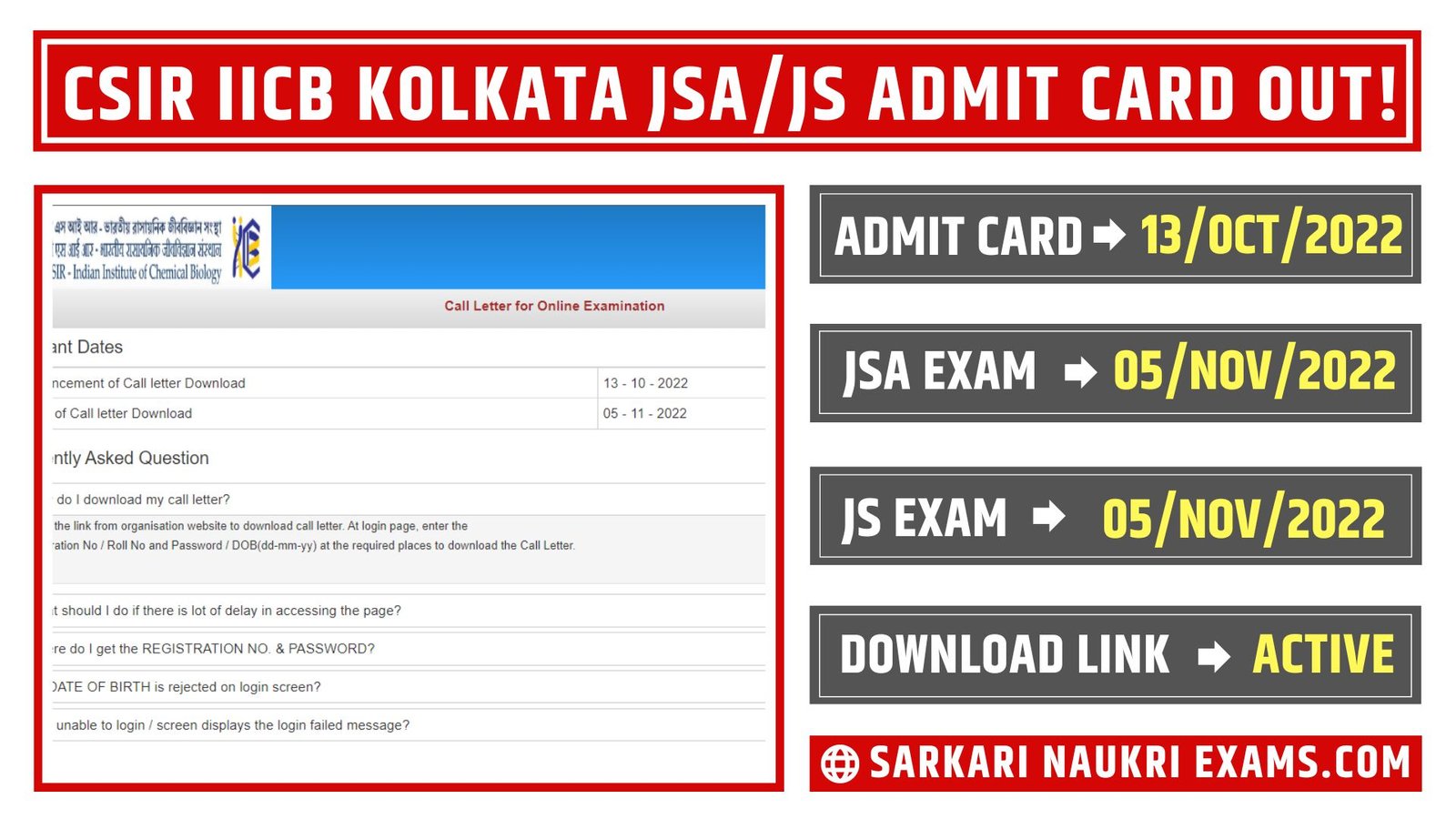 CSIR IICB Kolkata Admit Card (Call Latter) 2022 Released, Exam On 05th November