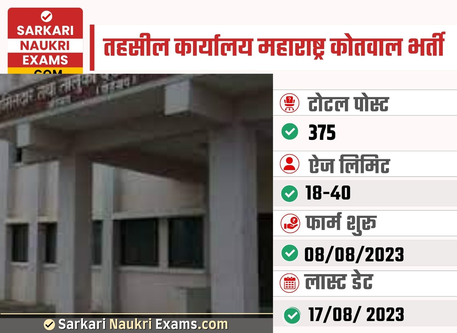 Tahsil Office Maharashtra Kotwal Recruitment 2023 | 100 Post Last Date: 17-08-2023