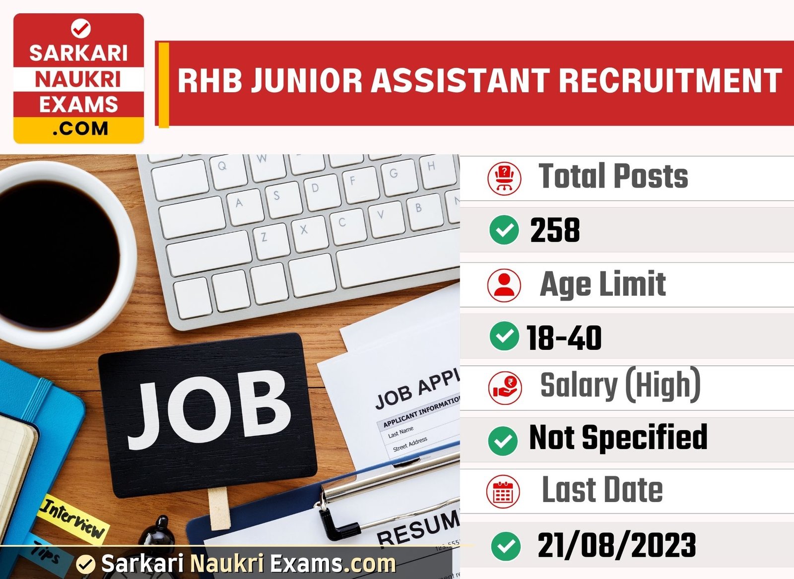 RHB Junior Assistant Recruitment 2023 | 258 Vacancy Online Form 